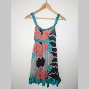 Vintage KATIA Color Block Chain Link Print Mini Dress Sz S Empire Waist Tie Back